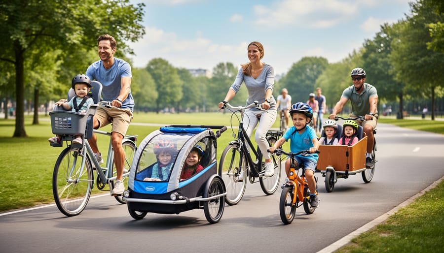 Various family cycling equipment including child seats and bike attachments