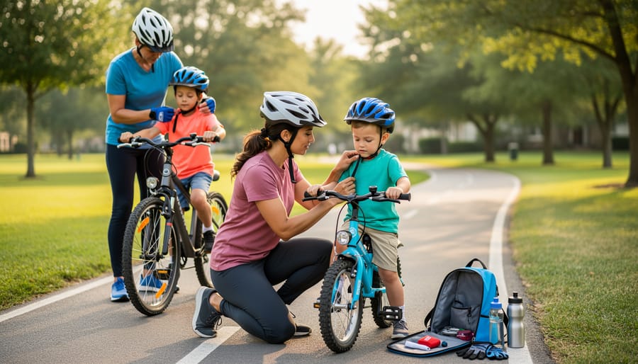 Parent adjusting child's bicycle helmet for proper safety fit before ride