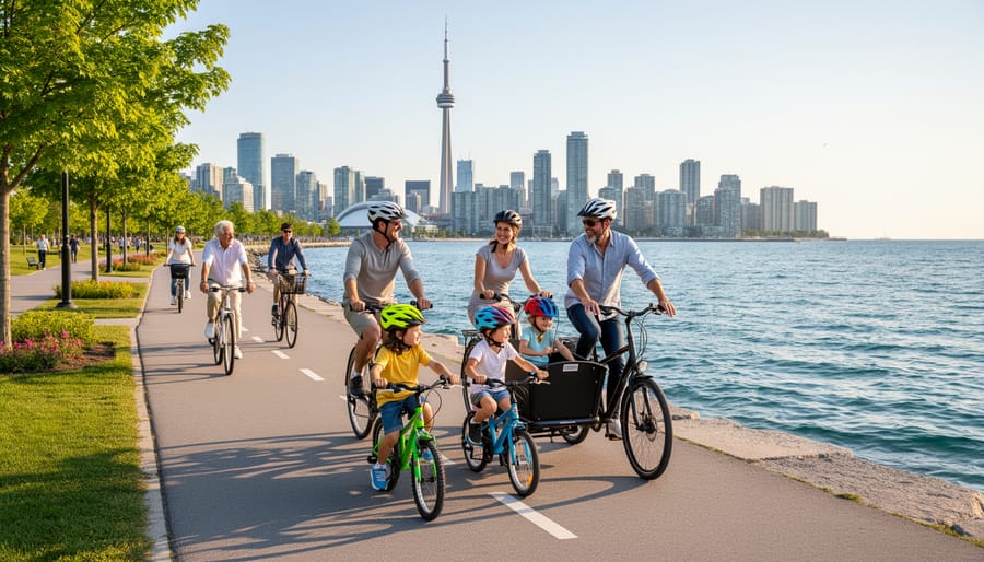 Family of four riding bicycles together along Toronto's waterfront trail with lake views