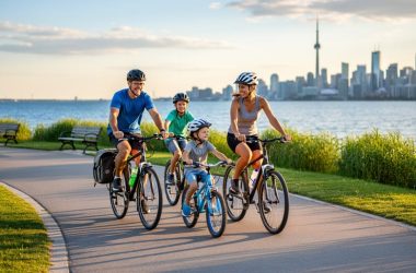 Parents and two children wearing helmets cycle on a flat paved trail beside Lake Ontario in Toronto at golden hour, with a pannier and water bottles on the adult bike and the distant skyline including the CN Tower softly blurred.