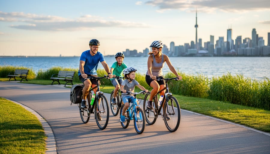 Parents and two children wearing helmets cycle on a flat paved trail beside Lake Ontario in Toronto at golden hour, with a pannier and water bottles on the adult bike and the distant skyline including the CN Tower softly blurred.