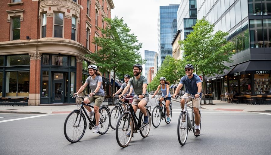 Cyclist paused on a downtown street with Toronto architecture and skyline in the background.