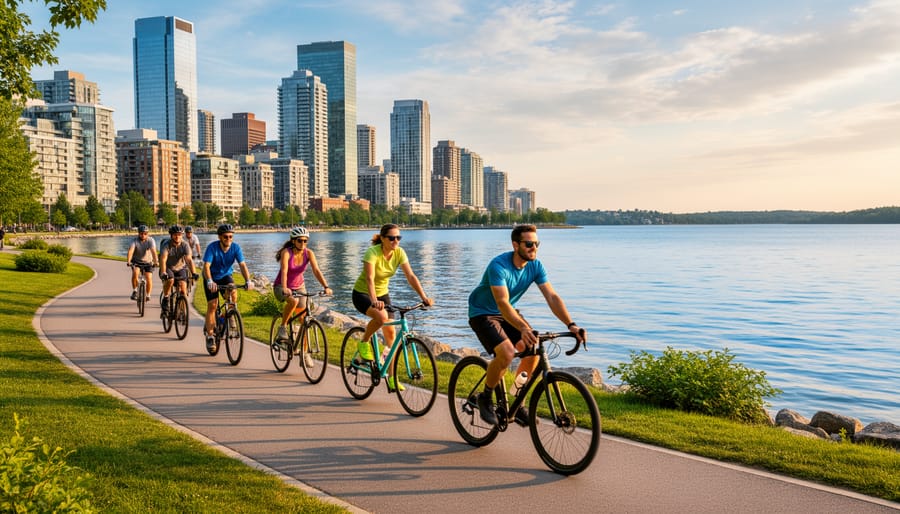 Cyclists riding along a waterfront path near Toronto with water and skyline in the background.
