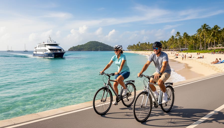 Toronto Island beach scene with a ferry or boat on the water and cyclists on a distant path.