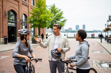 Local Toronto tour guide standing with cyclists near a brick street and market storefront, with the city waterfront visible in the distance.