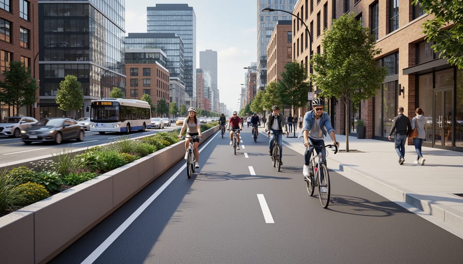 Cyclists riding on a protected separated bikeway with urban buildings in the background.