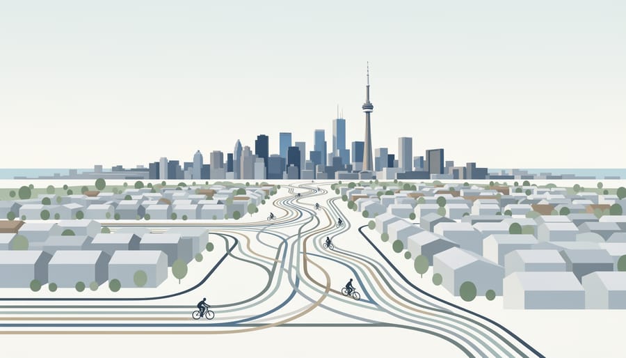 Wide view of cyclists on Toronto trails with the city skyline in the distance.