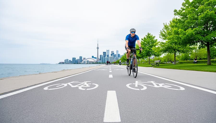A cyclist rides along Toronto’s waterfront multi-use trail with trees and the distant downtown skyline in the background.