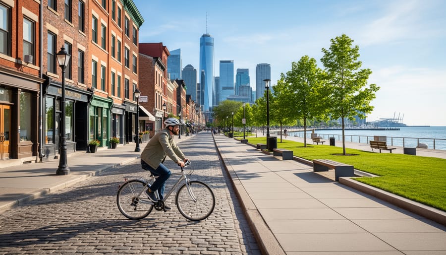 Cyclists riding near historic brick buildings and waterfront scenery in Toronto.
