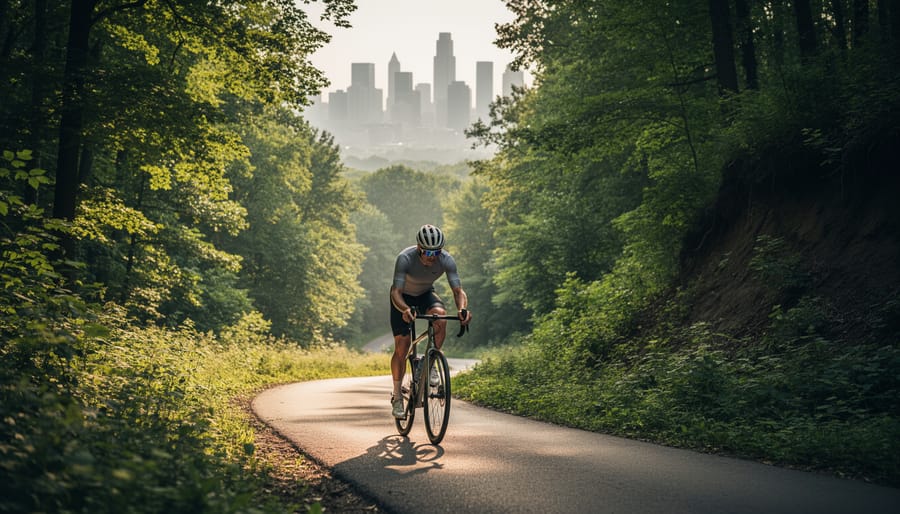 Cyclist riding along a trail through the Don Valley ravine surrounded by lush green trees.