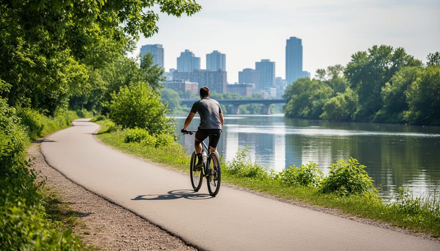 Cyclist riding along a riverside trail beside the Humber River with trees and water reflections.