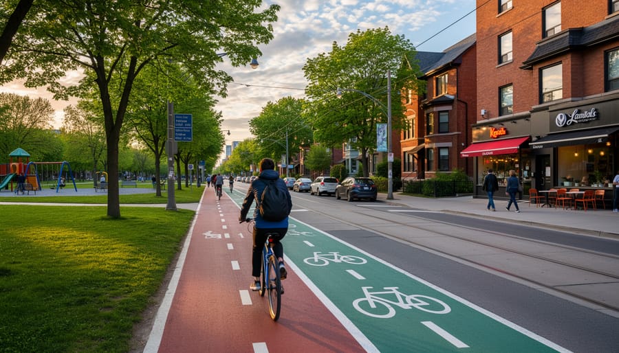 A parent and child biking together on a quiet neighborhood cycle path with trees and local buildings nearby.