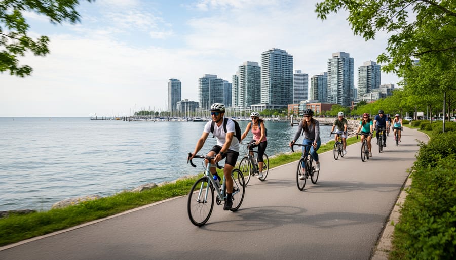 Cyclists riding on a lakeside cycle path with Lake Ontario in the background.