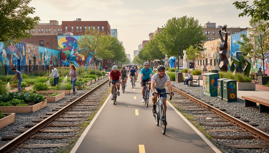Cyclists riding on the West Toronto Railpath with art and garden spaces along the trail.
