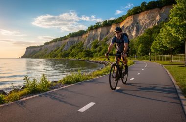 Cyclist on a waterfront bike trail with the Scarborough Bluffs and Lake Ontario in the background at golden hour.