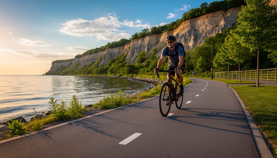 Cyclist on a waterfront bike trail with the Scarborough Bluffs and Lake Ontario in the background at golden hour.