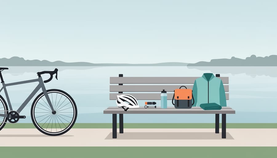 Bicycle helmet and gloves next to a reusable water bottle at a lakeside trailhead with cyclists in the distance.