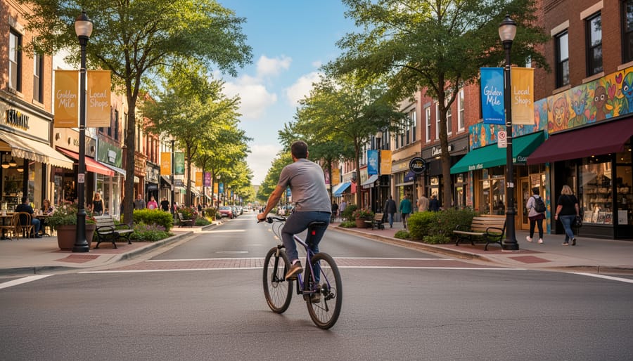 Cyclist riding through a busy multicultural street corridor in Scarborough.