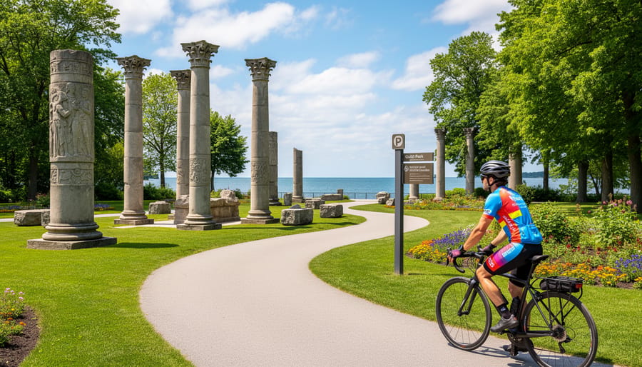 Cyclist near sculptures and gardens at Guild Park and Gardens with pathways in the background.