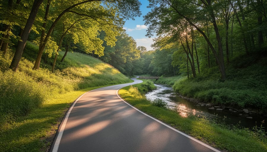 Cycling on a winding Highland Creek trail through a wooded ravine.