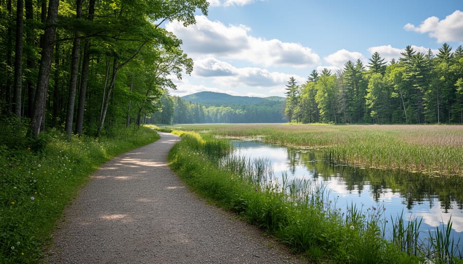 Cyclist riding through Rouge National Urban Park along a trail near wetlands and forest greenery.