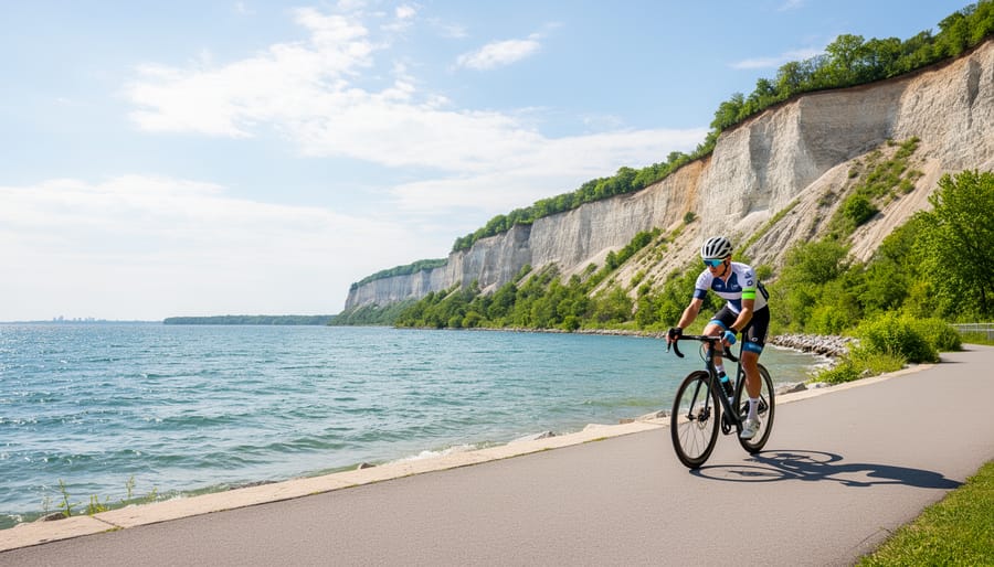 Cyclist riding along the Scarborough Bluffs and Waterfront Trail with Lake Ontario in the background.