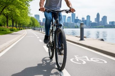 A cyclist riding on a protected bike lane near Toronto’s waterfront with parks and skyline in the background.