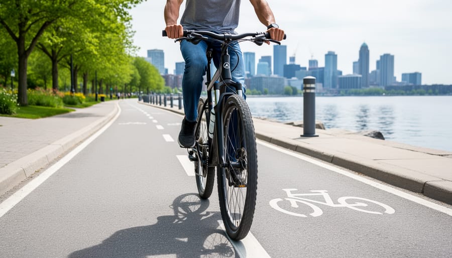 A cyclist riding on a protected bike lane near Toronto’s waterfront with parks and skyline in the background.