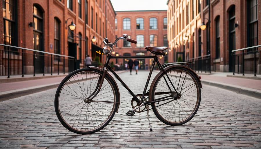 Bicycle parked on cobblestones in front of historic Victorian-style buildings in the Distillery District