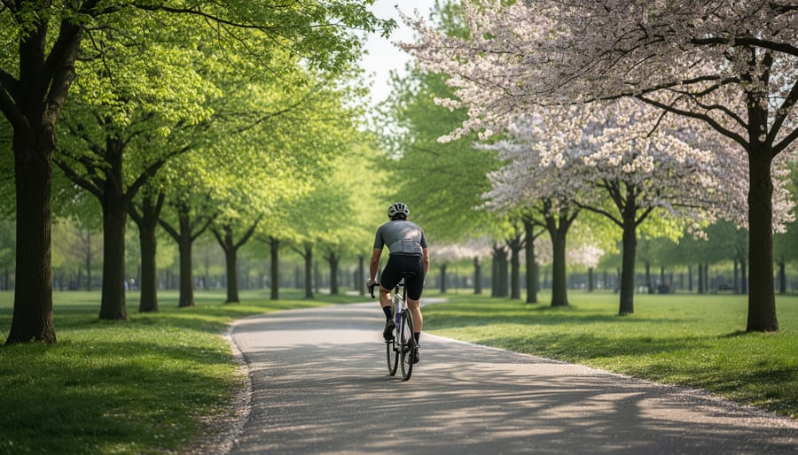 Cyclist riding along a leafy park path with blossoms overhead