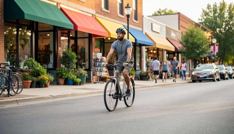 Cyclist riding through a colorful neighborhood street with lively storefronts