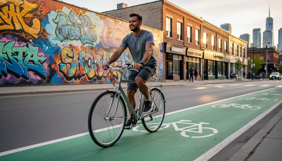 Cyclist riding through a colorful Toronto street with street art and bike-lane infrastructure