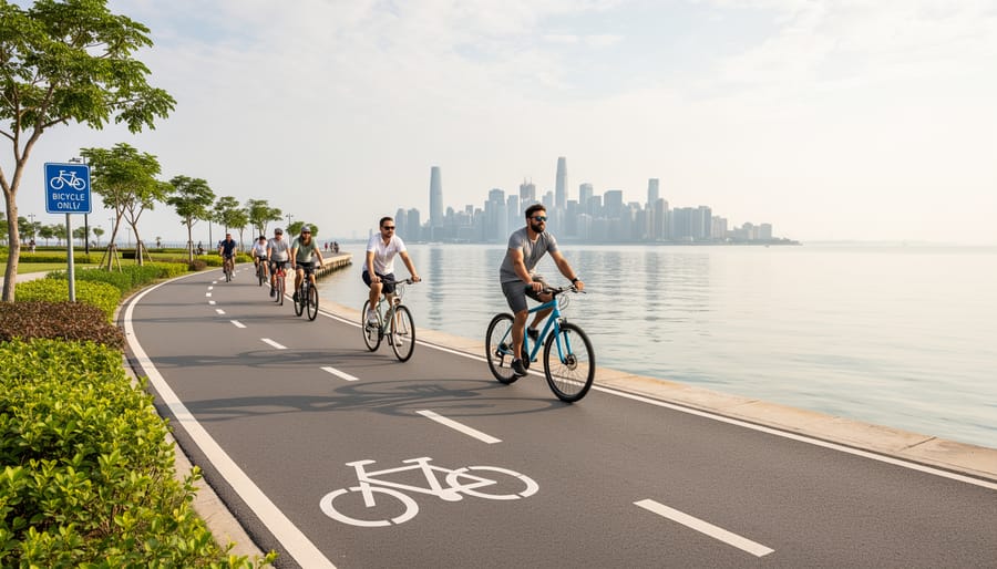 Cyclist riding on Toronto Islands pathway with downtown skyline in the distance
