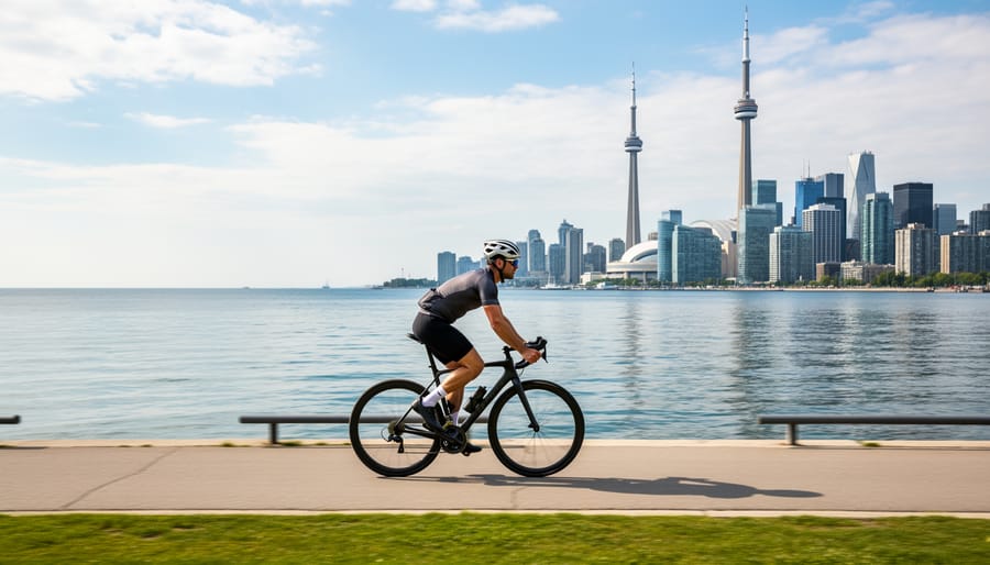 Cyclist riding along Toronto’s waterfront promenade with Lake Ontario in the background